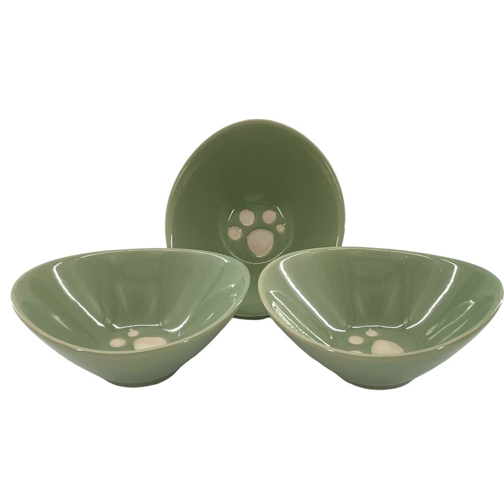 Japanese Vintage Set of 3 Green Glazed Oval Shaped Rice Bowls w/Puppy Paw Print
